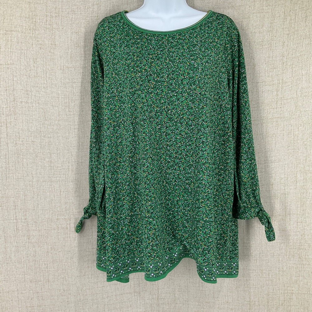 Max‎ Studio Blouse Women 2X Green Floral Tie Cuff Tunic Preppy Cotttagecore